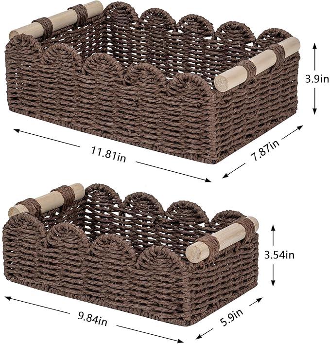 CubesLand Paper Rope Scalloped Edge Shelves Baskets Set 2, Idea for Over Toilet Storage Shelf, End Table, Nightstand, Toilet Tank Basket with 2 Wood Handle, Stylist&Useful Both Storage&Decor, Brown - ModernBath