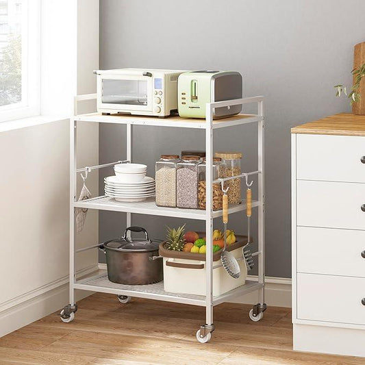 3-Tier Metal Storage Rack with Industrial Wheels,Mesh Shelving Unit with Wooden Table top,Adjustable Shelf,23.6-Inch Width,15.8-Inch Depth, for Kitchen, Laundry,Pantry,Plant,white - ModernBath