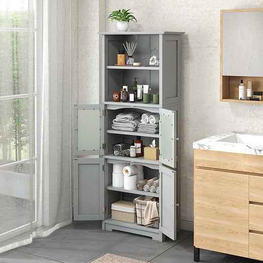 Tangkula Tall Bathroom Storage Cabinet, Freestanding Floor Cabinet w/2 Glass Doors & 2 Open Shelves, 3-Position Adjustable Shelves, Anti-toppling Design, 64” Tall Pantry Cupboard for Kitchen - ModernBath