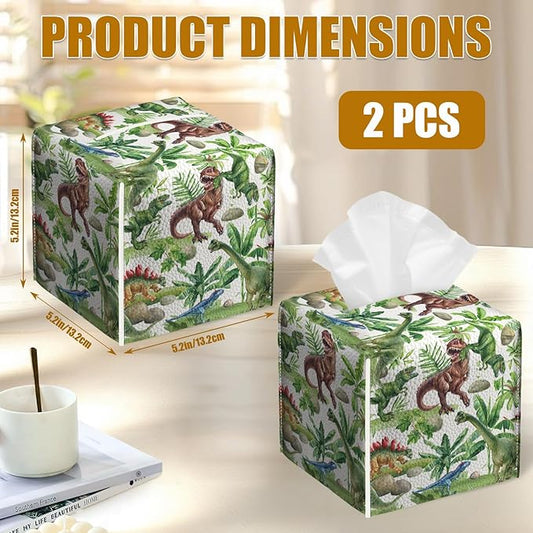 Dinosaur Tissue Box Cover 2PCS, Leather Tissue Box Holder Square Facial Paper Case Tissue Box Cube Organizer for Bathroom Bedroom Desk Office
