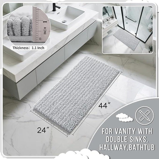 Yimobra Long Bathroom Rugs Non Slip Washable 44x24 Inch - Ultra Soft Absorbent Chenille Bath Mat, Quick Dry Shaggy Floor Carpet for Tub Shower, Silver Home Decor Accessories - ModernBath