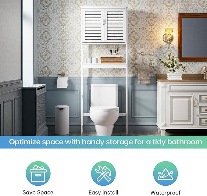 SMIBUY Bathroom Over The Toilet Storage Cabinet, 2 Door Bamboo Cabinet Organizer, Freestanding Space Saver Toilet Rack with Adjustable Inside Shelf and Open Shelf (White) - ModernBath