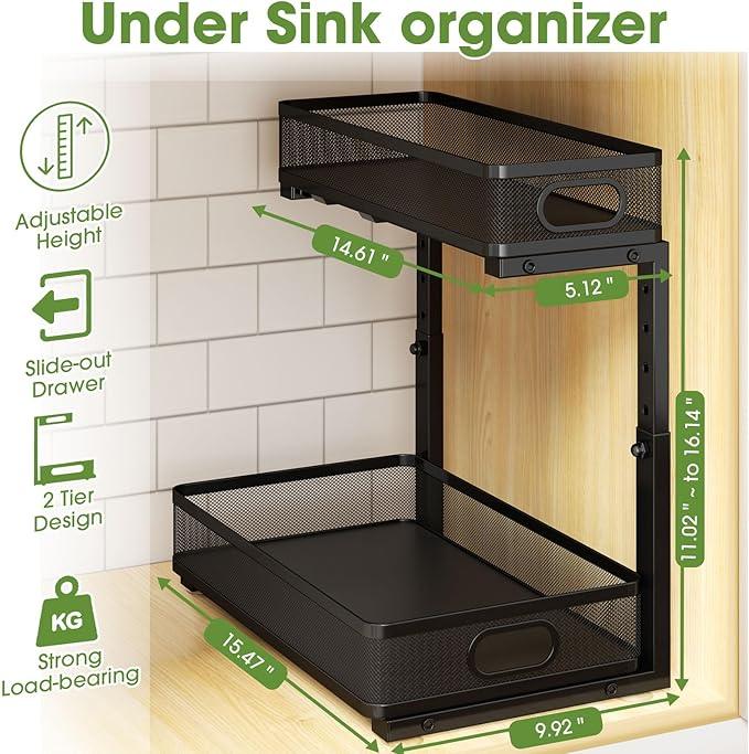 Under Sink Organizer 2-Pack, Metal 2-Tier Pull-Out Cabinet Shelf with Slide-Out Mesh Drawers, Height Adjustable, Space-Saving Under Sink Storage Racks for Kitchen, Bathroom, Laundry Room - ModernBath