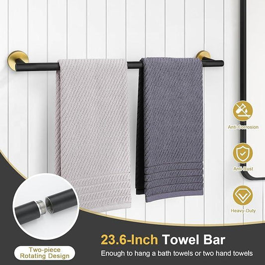 TQKAG 8-Pieces Bathroom Hardware Set Black and Gold SUS304 Stainless Steel Bath Towel Bar Set 23.6 Inch Round Bathroom Accessories Kit Wall Mounted - ModernBath