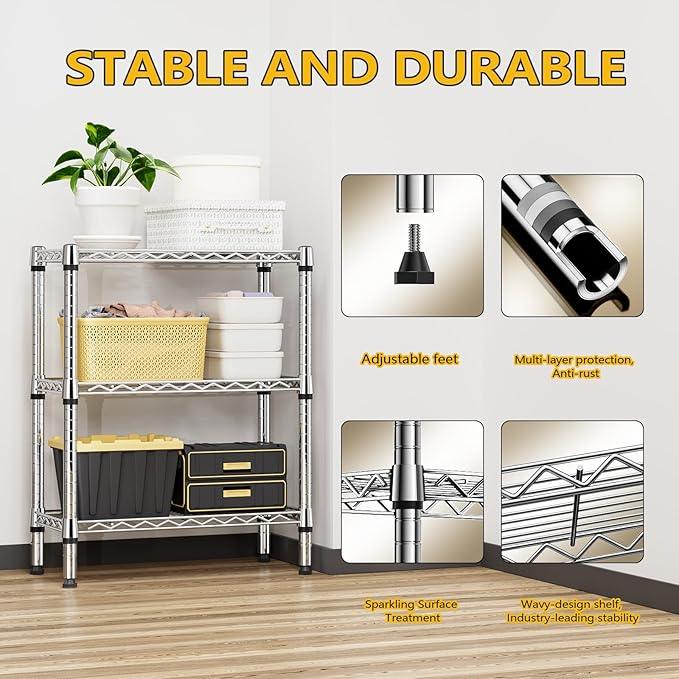 M MZG 750 lbs 3 Tier Shelf Metal Storage Shelves Wire Rack Closet Organizers for Garage Kitchen Bathroom Laundry Chrome 11.8" D x 25.6" W x 31.5" H - ModernBath