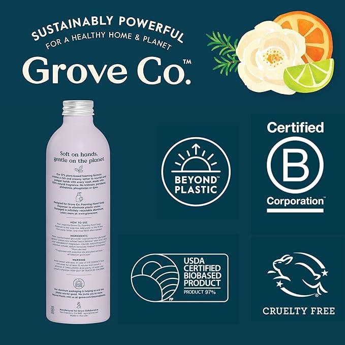 Grove Co. Foaming Hand Soap Concentrate (12 Fl Oz) + Reusable Glass Soap Dispenser, Plastic-Free Liquid Refillable Starter Kit, Natural Lavender Blossom & Thyme Fragrance - ModernBath