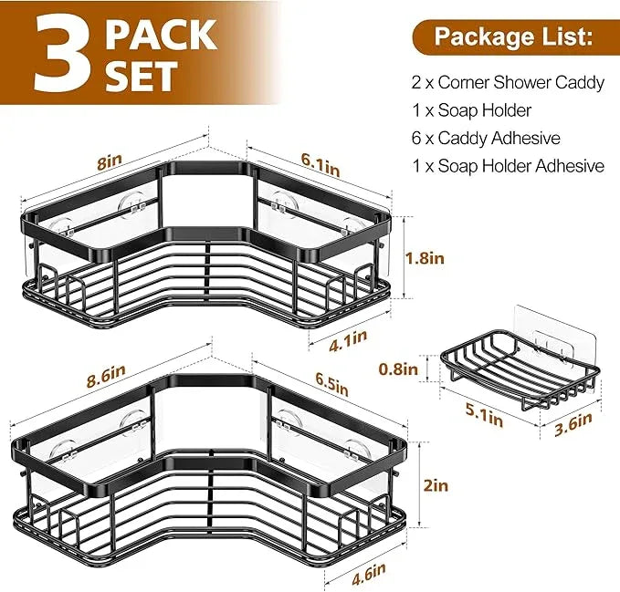 MAXIFFE 3 Pack Corner Shower Caddy with Soap Holder, Large Capacity Sturdy Easy Install No Drilling Stainless Steel Hold 40 LBS Shower Organizer Shelves Rack Storage for Family Renters Bathroom, Black - ModernBath