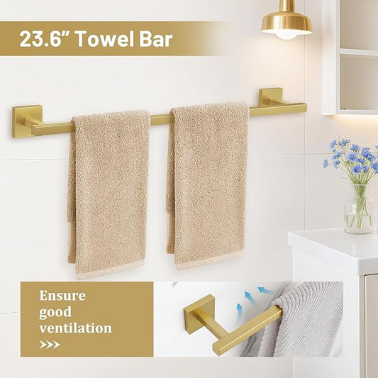 TURS Brushed Gold 5 Pieces Bathroom Hardware Set, SUS304 Stainless Steel 23.6 Inch Bath Towel Bar Set, Square Bathroom Accessories Kit Wall Mounted