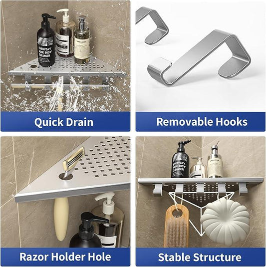 Grout in Shower Shelves with Hooks, 304 Stainless Steel Corner Bathroom Shelf for Tiled Wall (Brushed, 10'' x 10'') - ModernBath