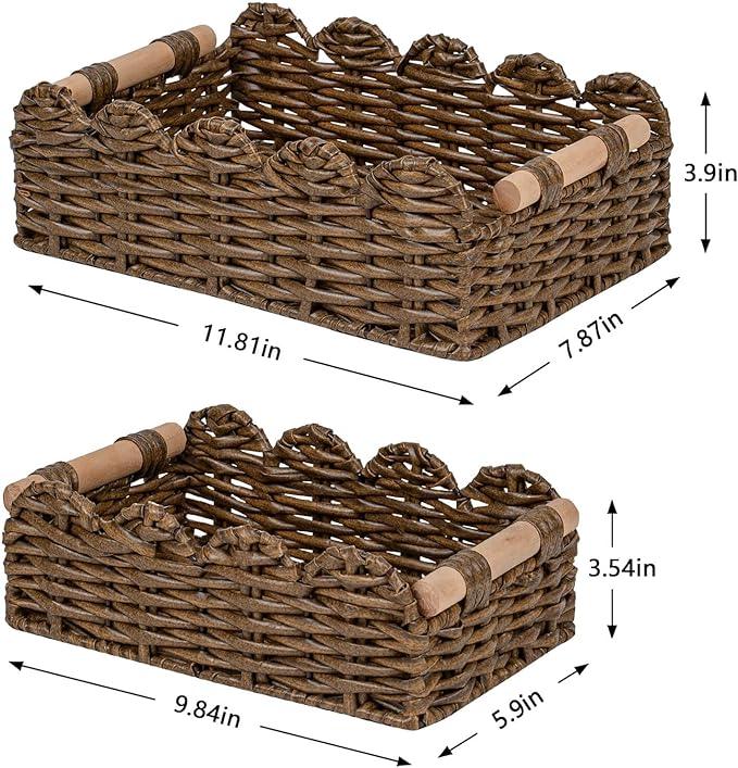 CubesLand PP Wicker Scalloped Edge Floating Shelves Baskets Set 2, Toilet Basket for Over Toilet Storage Shelf, Ending Table, Nightstand Organizing and Home Décor, Rattan Basket Come with Wood Handle - ModernBath