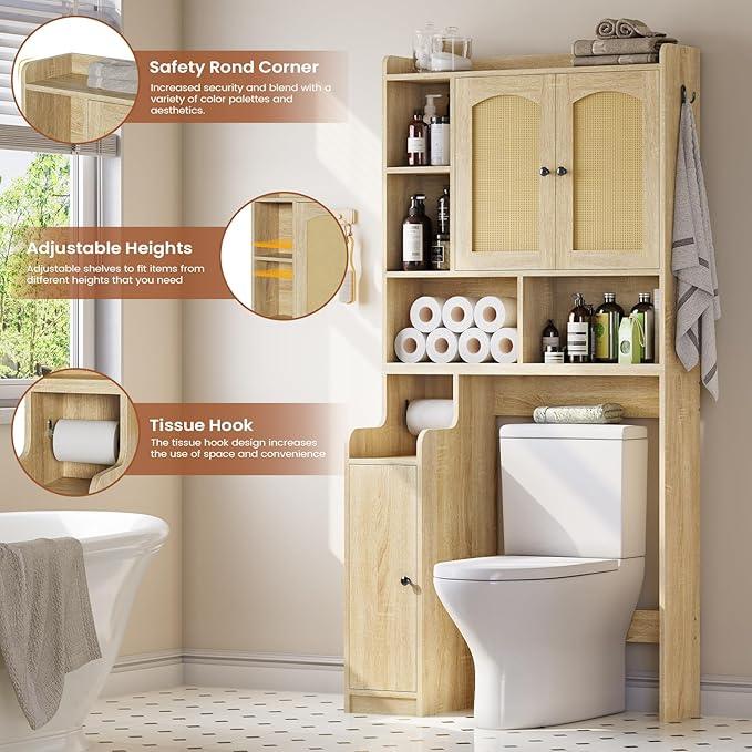 Itaar Over The Toilet Storage Cabinet, Farmhouse Rattan Bathroom Cabinet, Over Toilet Bathroom Organizer with Rattan Barn Doors & Toilet Paper Holder Stand, for Restroom, Laundry - ModernBath