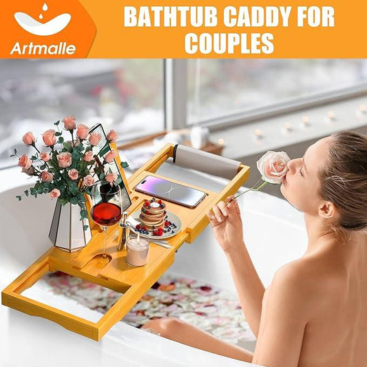 Artmalle Bathtub Caddy Tray for Tub, Expandable Bamboo Bath Table Tray with Book Stand for Home Spa Relaxing, Foldable Minimalist Bathroom Accessories for Women Men (Simple, Natural) (Natural) - ModernBath