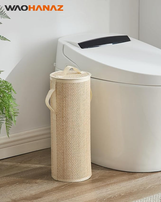 Bamboo Toilet Paper Storage Basket with Lid & Handle - 10L Handwoven Bathroom Organizer for 4 Rolls - Sturdy Stand Holder for Toilet Paper Organization, Light Natural