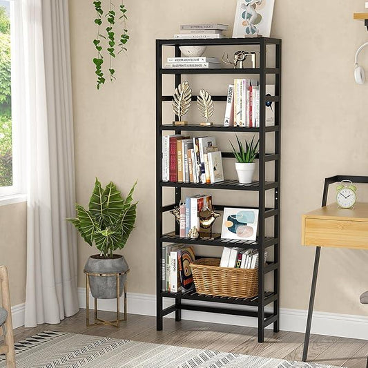 Homykic 6-Tier Bamboo Bookshelves and Bookcases, Adjustable 63.4”Tall Shallow Book Shelf Organizer Rack, Freestanding Storage Shelving Unit for Living Room, Kitchen, Bathroom, Office, Black - ModernBath