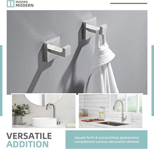 Angle Simple Towel Hooks for Bathroom, SUS 304 Stainless Steel Robe Coat Hooks for Wall, Brushed Nickel, 2 Pack - ModernBath