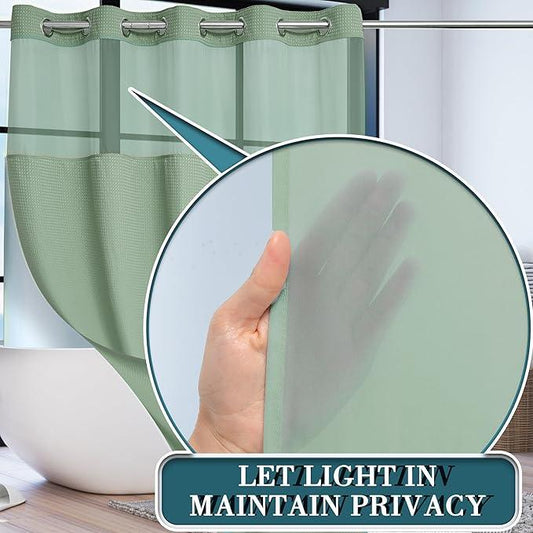 Conbo Mio Extra Long No Hook Sage Green Waffle Weave Shower Curtain with Snap in Liner Set, Hotel Luxury Shower Curtains for Bathroom with See Through Top Window, Waterproof, Washable 71W x 84H - ModernBath