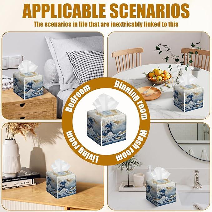 Art Great Wave Tissue Box Cover 2PCS, Leather Tissue Box Holder Square Facial Paper Case Tissue Box Cube Organizer for Bathroom Bedroom Desk Office - ModernBath