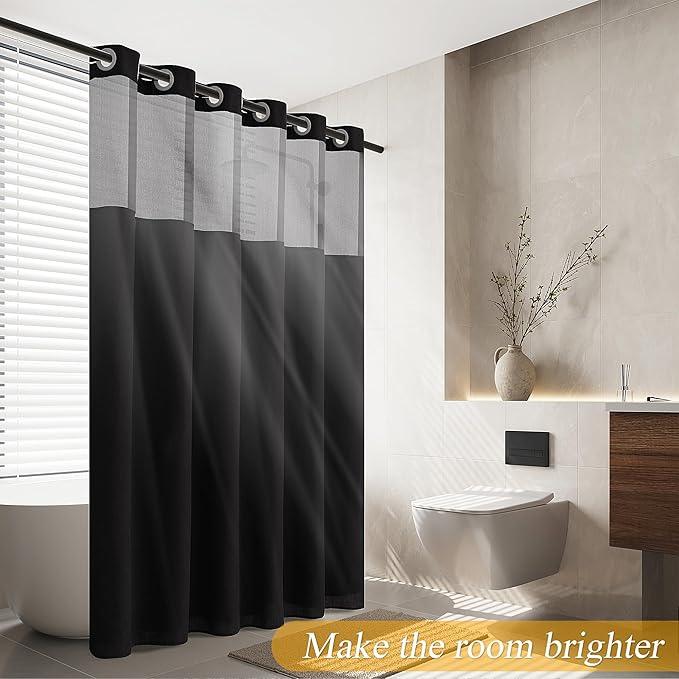 Jowels No Hooks Needed Linen Shower Curtain and Liner Set,Black Hotel Luxury Decor Shower Curtains for Bathroom with See Through Top Window,Water Resistant Fabric,72Wx75L,Black - ModernBath