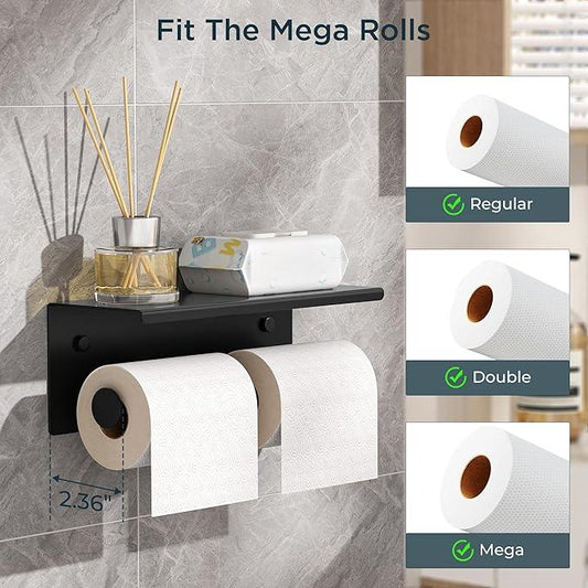 FORIOUS Double Toilet Paper Holder with Shelf, Wall Mount Tissue Roll Holder for Bathroom, 304 Stainless Steel Commercial Toilet Tissue Dispensers with Phone Shelf (1, Matte Black) - ModernBath