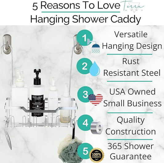 Small Shower Caddy Hanging - Shower Door Caddy Hanging with Rotatable Hooks and Adhesive Mount - Perfect for Bathroom Toiletries - Spacious & Convenient Bathroom Storage Solution 304 Stainless Steel