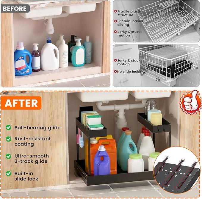Expandable Under Sink Organizers and Storage,Width Adjustable (14.9-23.6IN),No Drill 2-Tier Pull Out Under Cabinet Organizer for Kitchen Bathroom Laundry (black) - ModernBath