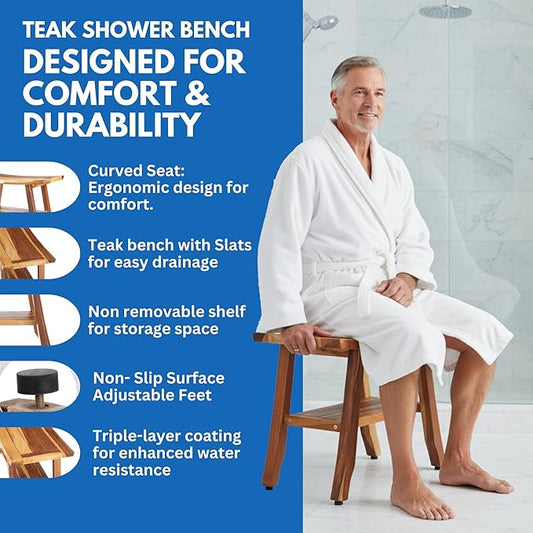 EcoDecors 24 Inch Satori Natural Teak Waterproof Teak Wood Shower Bench Stool Seat Chair for Inside Shower Provides Safety, Storage, and Organization for Bathroom Accessories