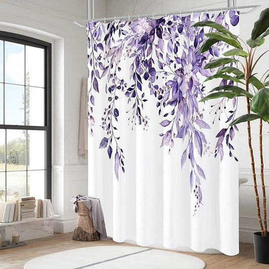 Gibelle Extra Long Shower Curtain 72 x 84, Purple Floral Shower Curtain for Bathroom, Watercolor Plant Eucalyptus Leaves Fabric Shower Curtain Set - ModernBath