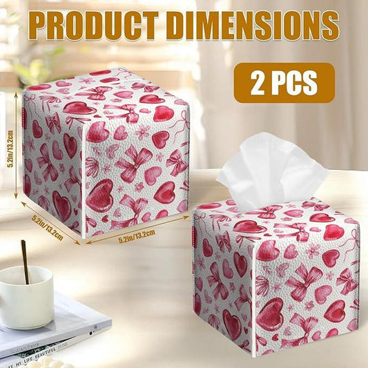 Pink Heart Bow Tissue Box Cover 2PCS, Leather Tissue Box Holder Square Facial Paper Case Tissue Box Cube Organizer for Bathroom Bedroom Desk Office - ModernBath