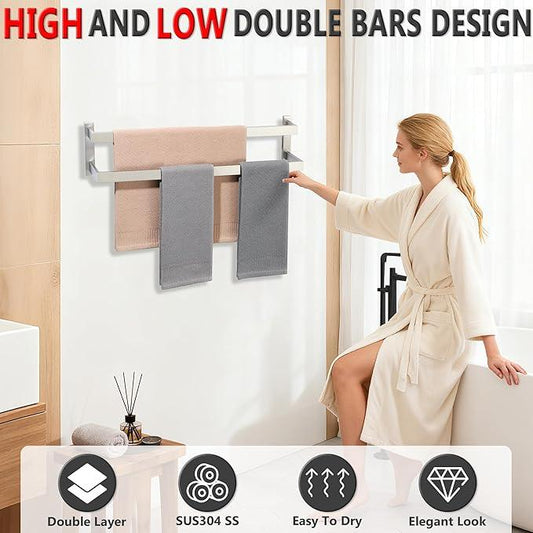 Alise Double Towel Bars for Bathroom Wall Mount,28'' Towel Holder Double Towel Racks for Bathroom Lavatory,SUS304 Stainless Steel Towel Rail Towel Hanger for Walls,Brushed Nickel - ModernBath