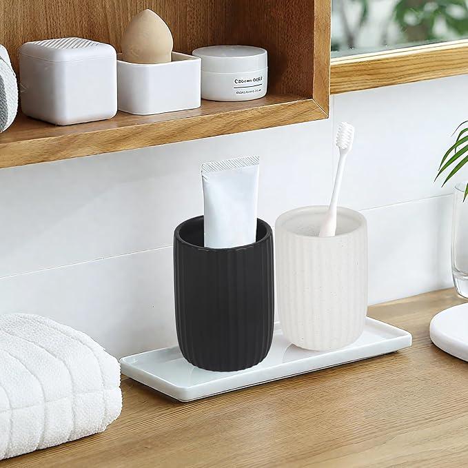 VivaBelle 8 oz Toothbrush Holders for Bathroom, Ceramic Tooth Brushing Dispenser, Small Tooth Brush Organizer for Countertop, Toothpaste Storage Stand, Tumbler Storage Cup for Makeup Brushes -White - ModernBath