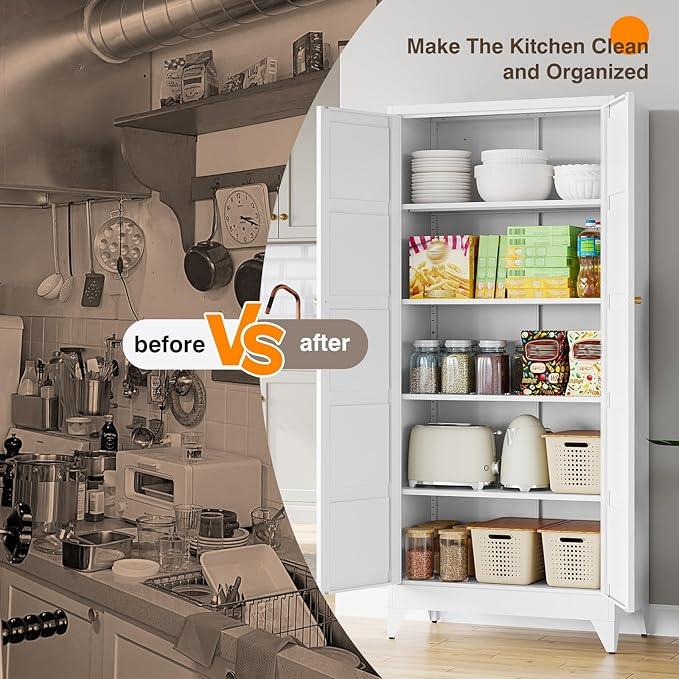 Yizosh Metal Storage Cabinet with 2 Doors and 4 Adjustable Shelves,- 71" White Kitchen Pantry Storage Cabinet for Kitchen,Dining Room,Living Room - ModernBath