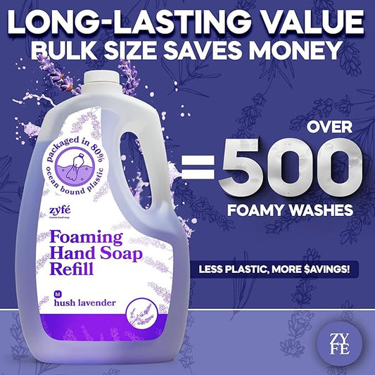 ZYFE Lavender Hand Soap Refills Foam, 64oz Liquid Hand Soap Foam Refill in Recycled Bottle, Natural Handwash Refill with Essential Oils, Biodegradable & Moisturizing