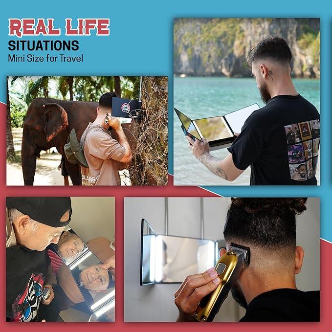 The 360 Mirror - 3 Way Mirror for Self Hair Cutting - Adjutable Trifold Barber Mirro to Cut Your Own Hair - Tri Fold Self Haircut System - Three Sided Mirro for Haircuts (Black - Mini LED version) - ModernBath