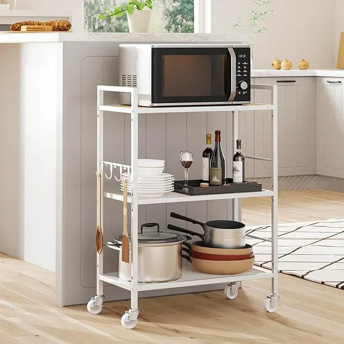 3-Tier Metal Storage Rack with Industrial Wheels,Mesh Shelving Unit with Wooden Table top,Adjustable Shelf,23.6-Inch Width,for Kitchen,Laundry,Pantry,Plant,Oak panel and white frame - ModernBath