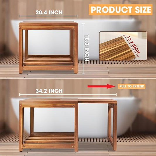 Adjustable Length 35 Inches Shower Stool Bench Chair Waterproof with Storage Shelf for Shaving Legs, Spa, Bath Seat in Bathroom, Inside Shower for Adults Seniors Elderly (Large 35 in)