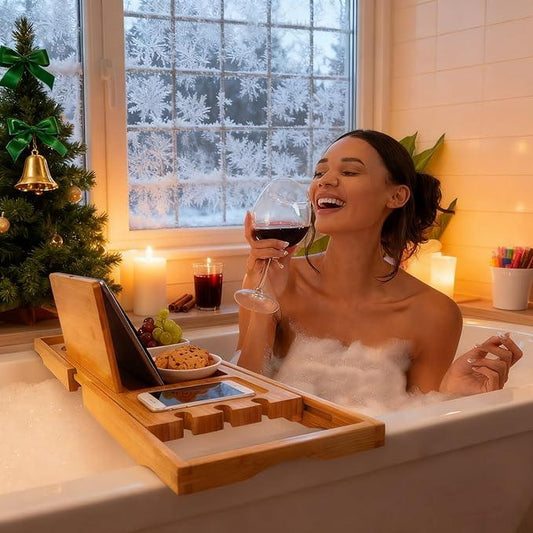 Utoplike Bamboo Bathtub Caddy Tray Bath Tray for Tub, Adjustable Bathroom Bathtub Organizer with Book Tablet Wine Glass Cup Towel Holder (24.5"-37.4") - ModernBath