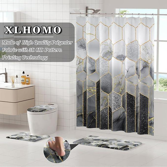 XLHOMO Bathroom Sets with Shower Curtain and Rugs - 4PC Grey Geometric Shower Curtain Set with 12 Hooks, Toilet Cover, U-Shaped Mat and Rugs Modern Abstract Bathroom Accessories for Bathroom - ModernBath