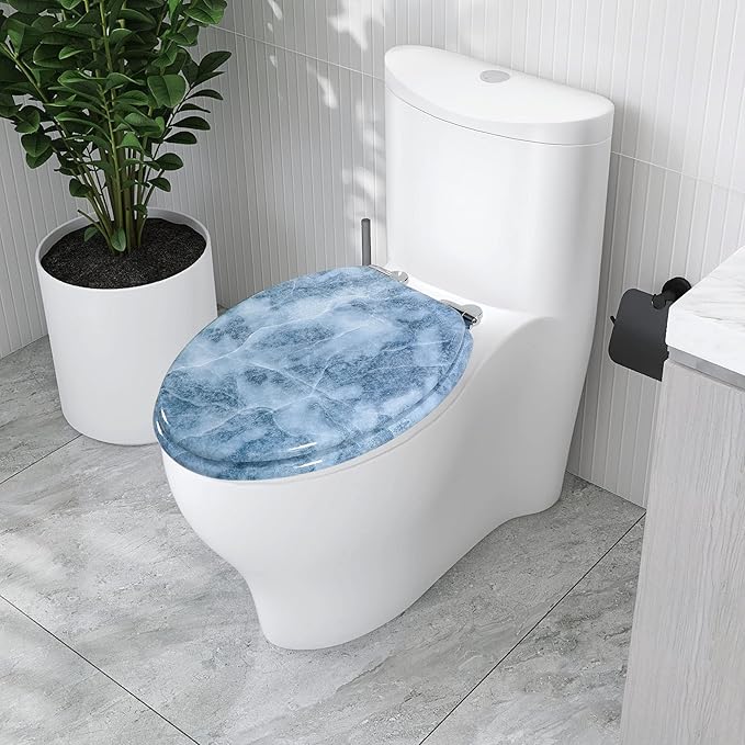 Angol Shiold Elongated Toilet Seat Molded Wood Toilet Seat with Quietly Close and Quick Release Hinges, Easy to Install also Easy to Clean (Elongated, Blue Marble)