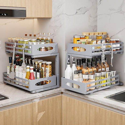 Under Sink Organizer, 2 Tier Under Sink Organizers and Storage, Adjustable Height, Slide out Metal Cabinet Organizers, Pull out Cabinet Storage Drawer Shelf for Kitchen Bathroom - ModernBath