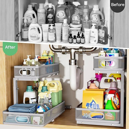 Under Sink Organizer, High Adjustable 2 Tier Under Sink Organizers and Storage, Slide Out Metal Cabinet Organizers, Pull Out Sink Storage Drawer Shelf for Kitchen Bathroom Cabinet, Grey, 2 Pack - ModernBath