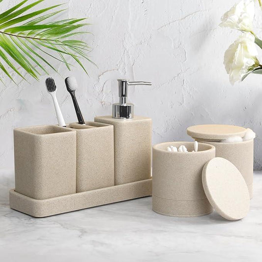 YMXYJM Bathroom Accessories Set, 6 Piece Bathroom Set with Toothbrush Holders, Soap Dispenser, Vanity Tray, Tumbler, Cotton Swab Jars, Bathroom Organizer,Bathroom Sink Sets, Stone Beige - ModernBath