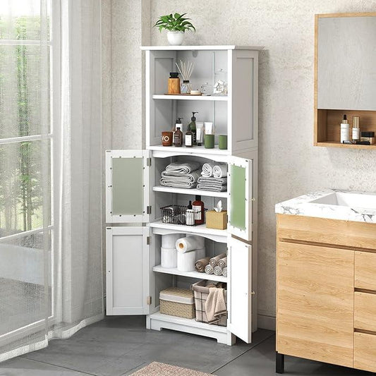 Tangkula Tall Bathroom Storage Cabinet, Freestanding Floor Cabinet w/2 Glass Doors & 2 Open Shelves, 3-Position Adjustable Shelves, Anti-toppling Design, 64” Tall Pantry Cupboard for Kitchen - ModernBath