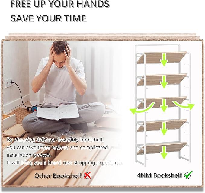 4NM No Assembly 5 Tiers Folding Bookshelf Storage Shelves Vintage Bookcase Standing Racks Study Organizer Home Office (Natural White) - ModernBath