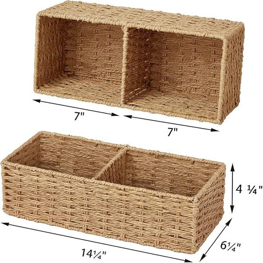 Vagusicc Set of 2 Wicker Storage Basket for for Shelves, Baskets for Organizing, Toilet Paper Basket for Toilet Tank Top, 2-Section, Natural - ModernBath