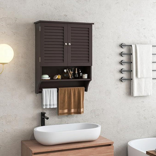 Tangkula Wall Mounted Bathroom Cabinet w/Open Shelf & Bar, Medicine Cabinet w/Double Louvered Doors, Adjustable Shelf, Wall Storage Cabinet for Bathroom Living Room Kitchen (Espresso) - ModernBath