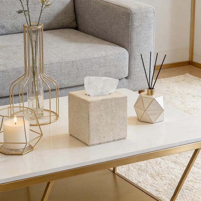Travertine Tissue Box Cover, Vintage Style Napkin Holder, Square Tissue Box with Acrylic Board Bottom, Natural Heaty Duty Stone Toilet Paper Holder for Bathroom, Bedroom, Living Room - ModernBath