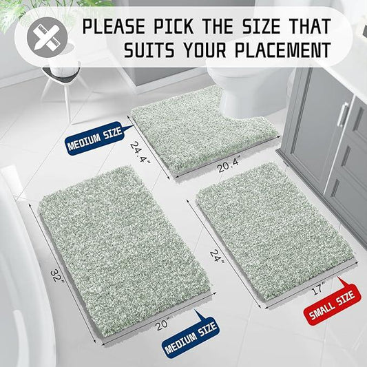 Yimobra Bathroom Rugs Sets 2 Piece, Soft Absorbent Bath Mat and U-Shaped Toilet Rug with Non Slip Backing, Machine Washable, Plush Shaggy Bath Mats for Bathroom, 24"x17"+24"x20", Light Green and White - ModernBath