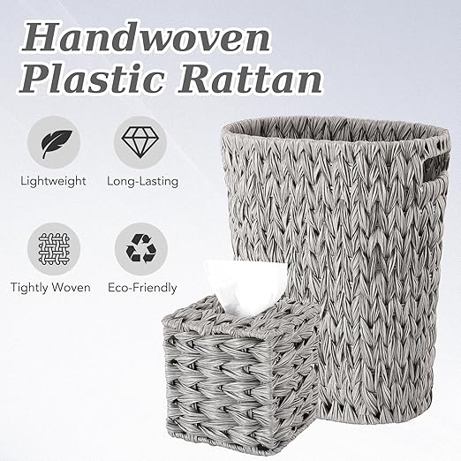 BSSN Wicker Trash Can & Square Tissue Box, Handwoven Waterproof Waste Basket with Handles, Wicker Home Set for Bedroom, Bathroom, Kitchen, Office, Balcony, Grey