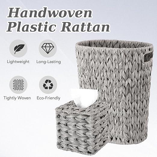 BSSN Wicker Trash Can & Square Tissue Box, Handwoven Waterproof Waste Basket with Handles, Wicker Home Set for Bedroom, Bathroom, Kitchen, Office, Balcony, Grey - ModernBath
