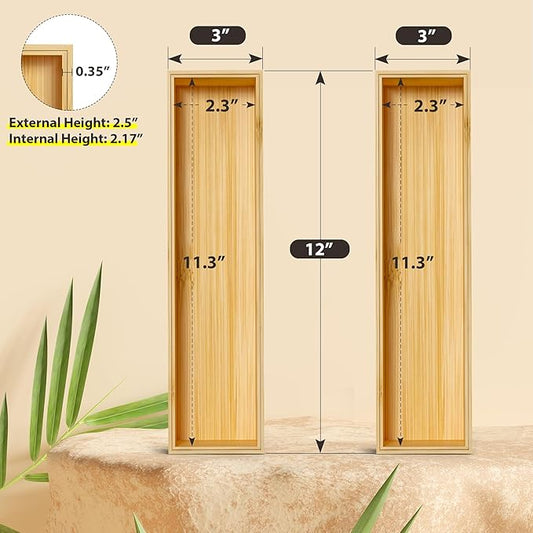 Kitchen Drawer Organizer Bins, Stackable Bamboo Deep Drawer Organizer for Silverware, Utensils, Cutlery, Flatware, Junk Drawer, Dresser, Bathroom, 12" x 3" x 2.5" (Set of 2)